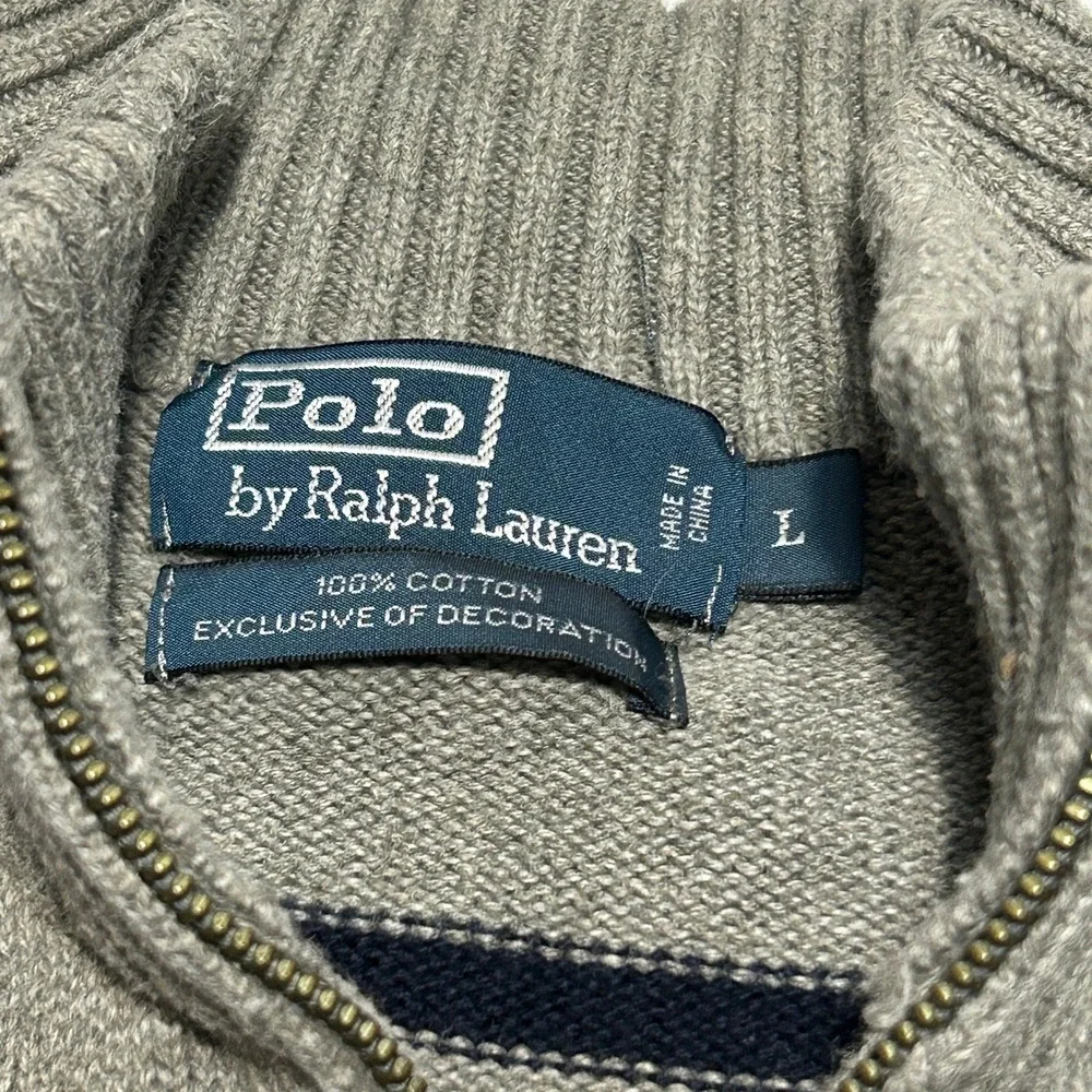 Polo Ralph Lauren Mens (L)Gray Navy Striped Cotton Quarter Zip Sweater